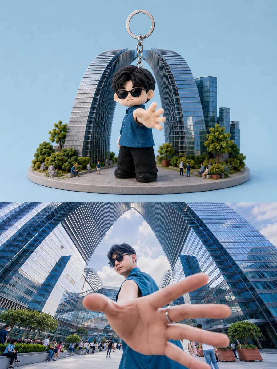 创建一个分屏构图，展示一个逼真的收藏款钥匙扣手办以及它的现实灵感来源。 上半部分：可爱的Q版（chibi）3D微缩钥匙扣角色，拥有夸张的大头、黑色凌乱发型、黑色墨镜、蓝色无袖上衣…