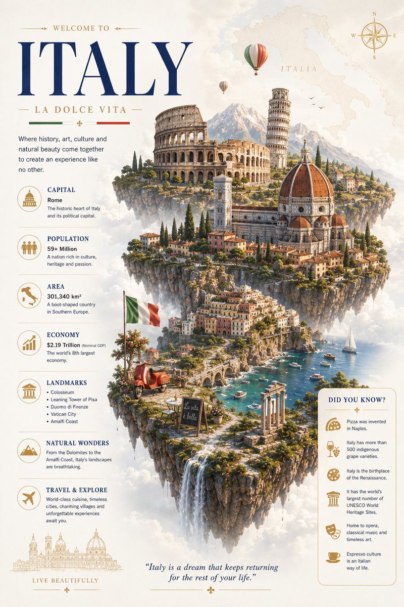 GPT Image 2 on ChatGPT ITALY 的极简电影信息图海报,悬浮在柔和大气云层中的优雅浮空岛,奢华的编辑级旅行设计,明亮的象牙白与香槟米色背景,带有微妙的复古…