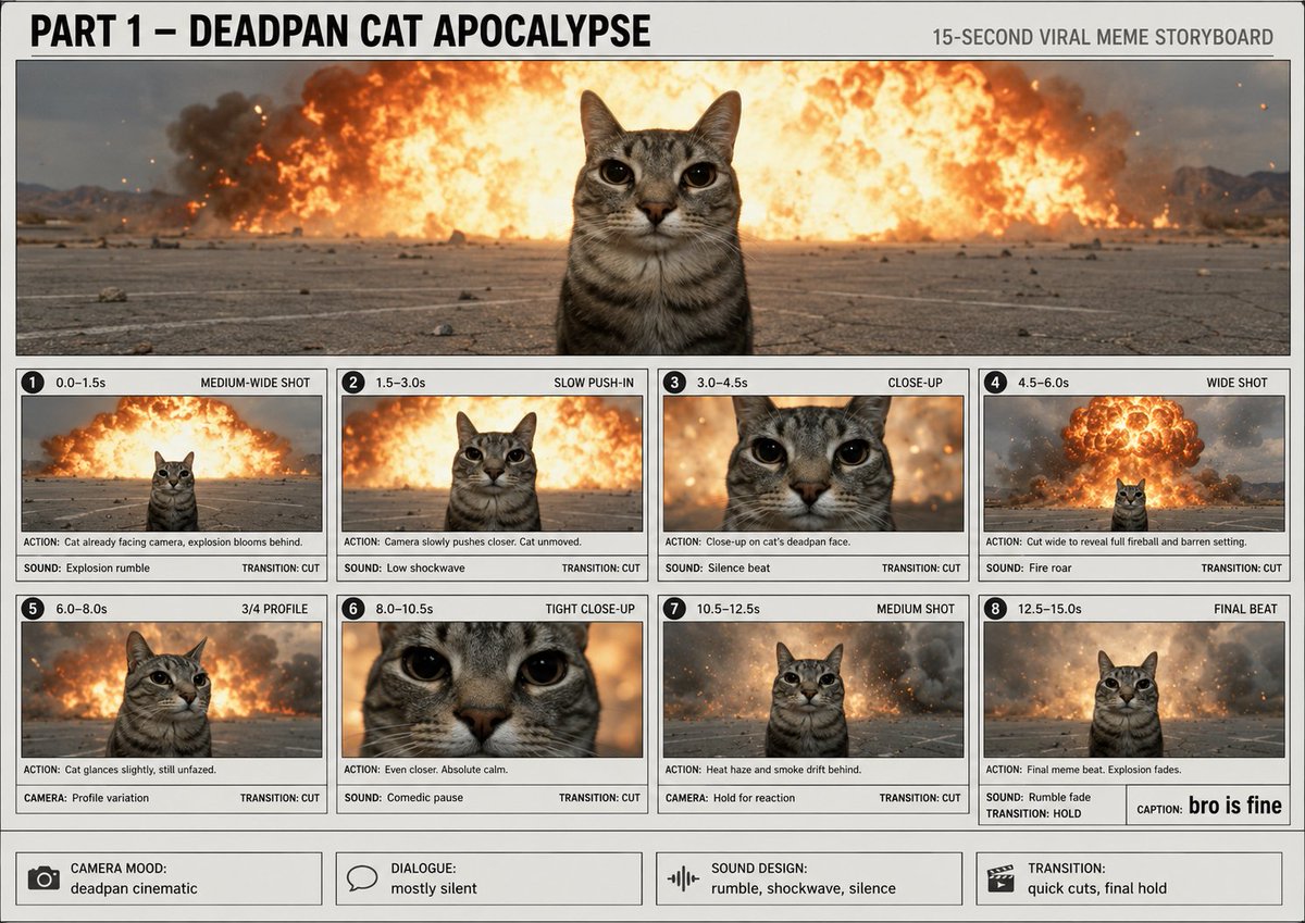 制作一个15秒的爆款电影感猫咪梗视频。使用 @ ChatGPT Image May 26, 2026, 04_49_11 PM.png 作为分镜结构参考，使用…