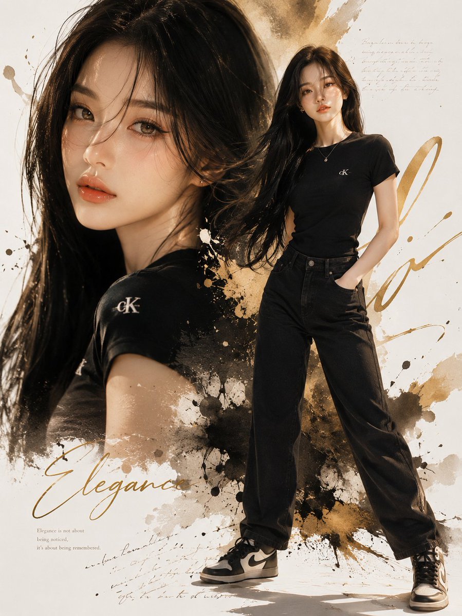上传图片中的年轻韩国女性，超写实风格，优雅的拼贴海报，剪裁合身的黑色T恤配极简标志logo，黑色牛仔短裤，黑色高帮Nike耐克运动鞋，长直丝滑深黑色头发，柔和的发丝修饰脸庞，光泽…