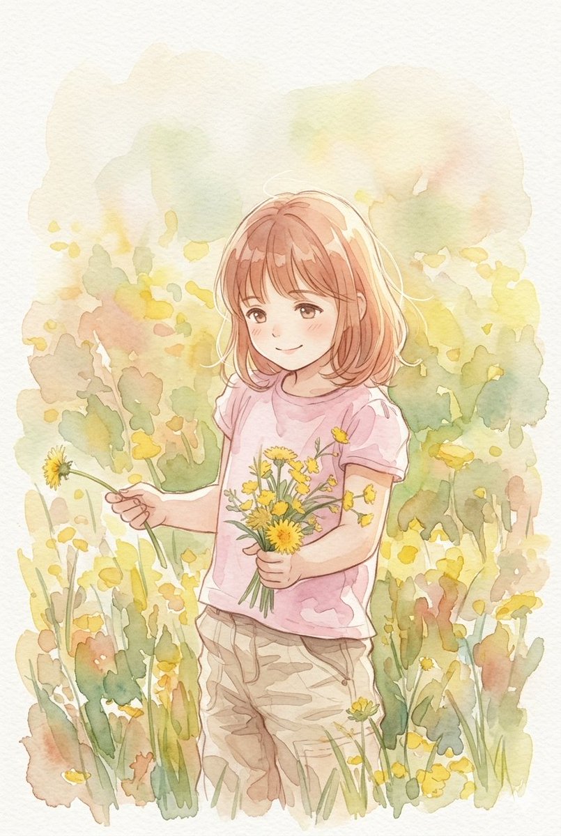 一幅动漫风格的竖版水彩插画,描绘了一位年轻女孩,她有着齐肩的浅棕色头发,身着柔软的粉色T恤和浅卡其色工装裤。画面采用柔和流畅的水彩晕染技法,展现了她在一片充满生机、阳光普照的开满…