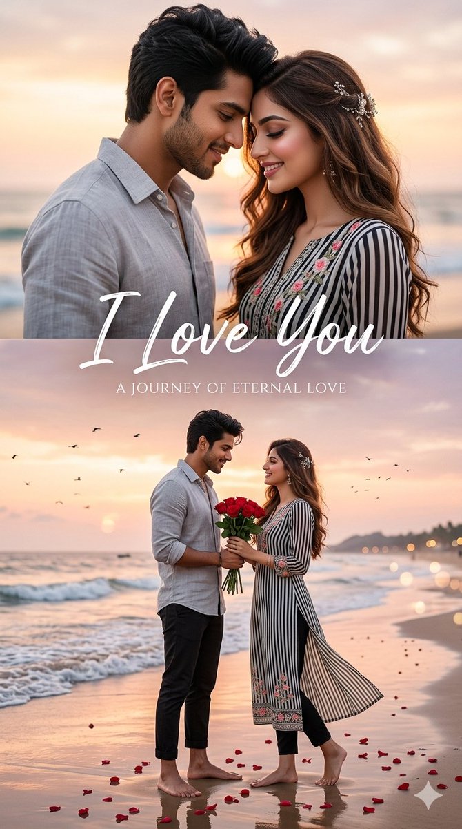 超写实浪漫婚前海报:一对年轻的南亚情侣赤脚站在美丽的海滩上,沐浴在灿烂的夕阳余晖中。英俊的男士留着时尚的有纹理黑色短发、淡淡的胡须,身穿浅灰色亚麻衬衫,袖口卷起,温柔地微笑着,与…