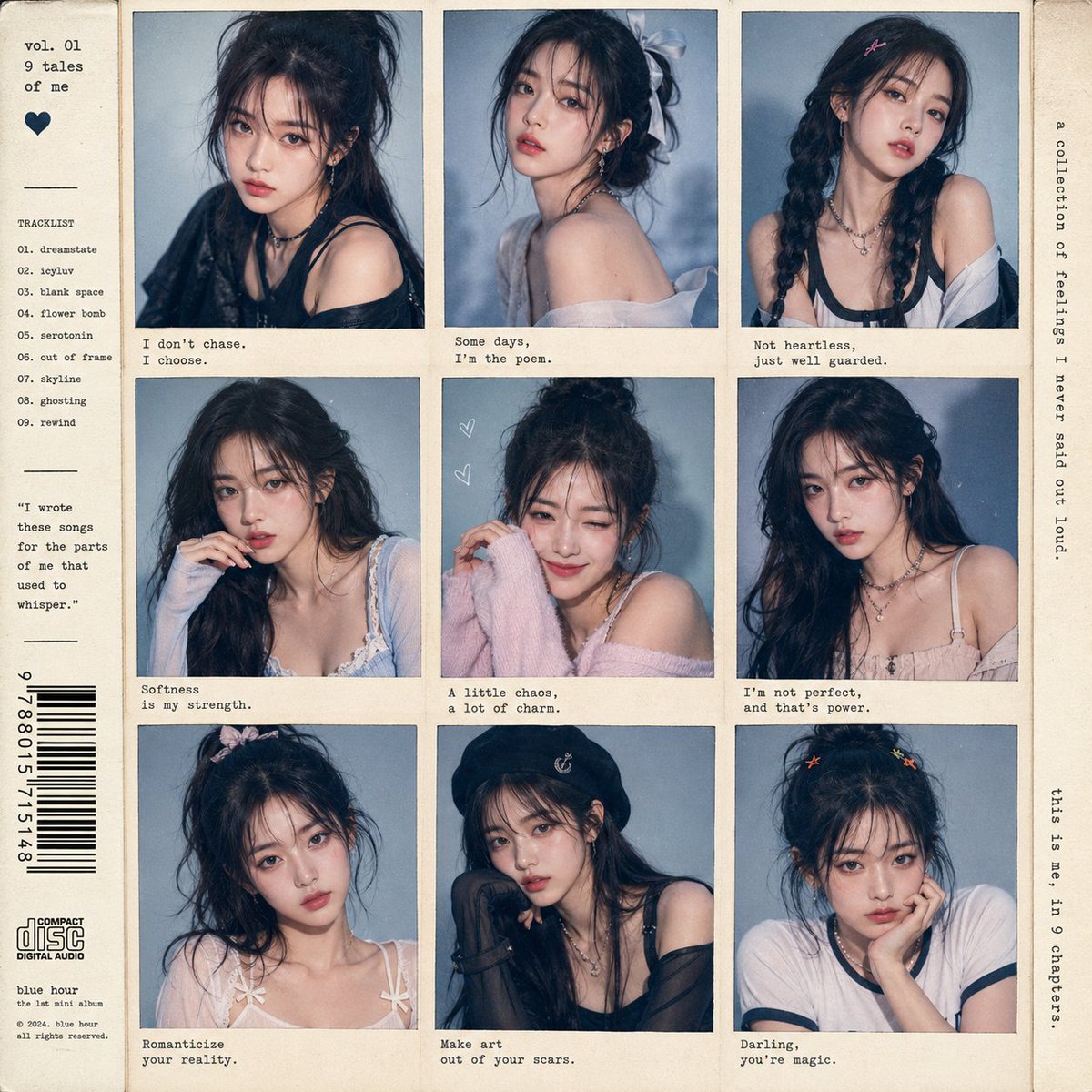 上传图片中的年轻韩国女性,半写实动漫风格,K-pop偶像概念专辑封面,3x3网格肖像拼贴,九张独特的单人肖像,发型和服装各不相同,柔和的蓝灰色摄影棚背景,表情…
