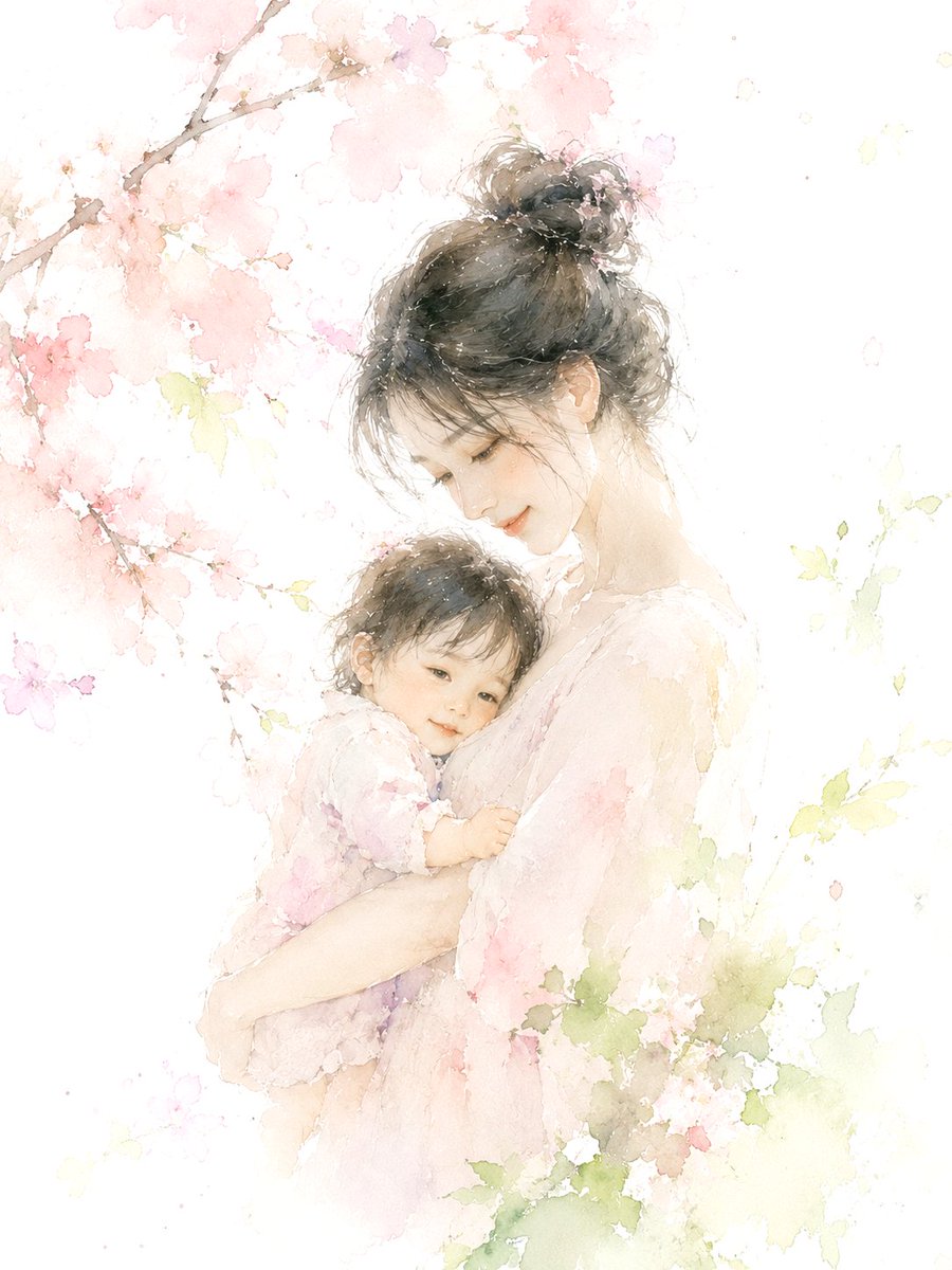 梦幻般的水彩杰作。一位优雅的女子怀抱幼童,以轻盈的印象派笔触和柔和的笔触描绘。以白色为底,辅以樱花粉和嫩叶绿的透明晕染,这些自然色调在冷压水彩纸上铺展开来,营…