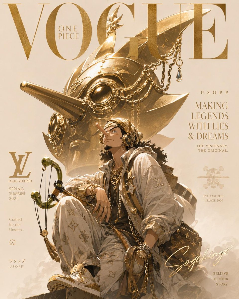 奢华动漫时尚杂志封面,灵感来自高端Vogue编辑美学,标志性的《海贼王》角色重新构想为高级定制时装模特,戏剧性的电影级打光,超精细动漫插画,优雅的衬线字体排版,高级杂志版面设计…