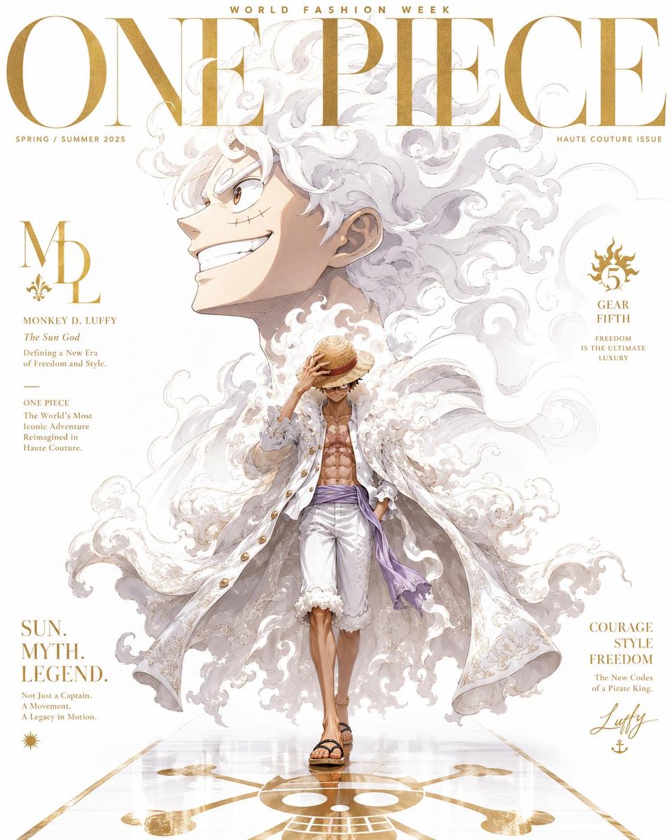 奢华动漫时尚杂志封面,灵感来自高端Vogue编辑美学,标志性的《海贼王》角色重新构想为高级定制时装模特,戏剧性的电影级打光,超精细动漫插画,优雅的衬线字体排版,高级杂志版面设计…