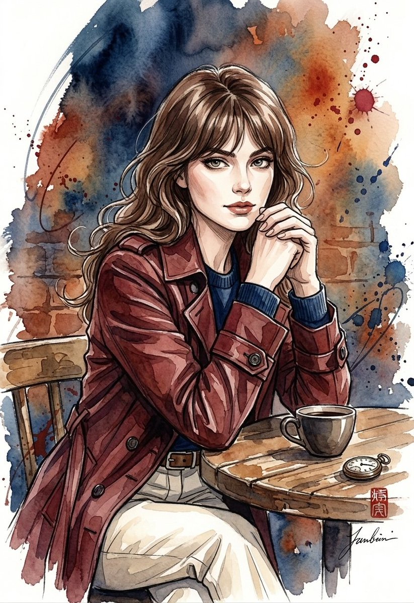 一幅惊艳的水彩与墨水插画,描绘一位时尚年轻女性。她拥有波浪状的齐肩棕色头发和轻盈的刘海,面部表情丰富而优雅,轮廓线条分明,眼神迷人。她身穿深红棕色或酒红色的风衣,内搭深藏青色圆领…