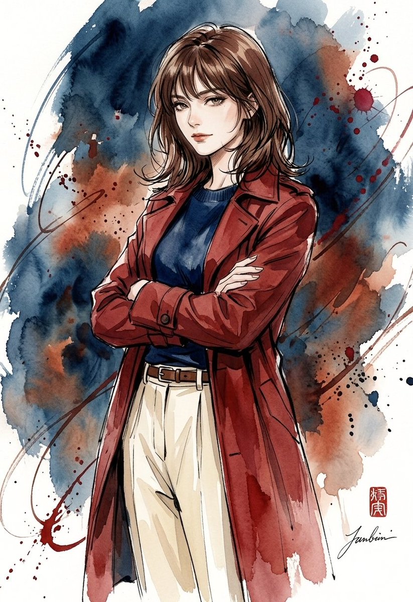 一幅惊艳的水彩与墨水插画,描绘一位时尚年轻女性。她拥有波浪状的齐肩棕色头发和轻盈的刘海,面部表情丰富而优雅,轮廓线条分明,眼神迷人。她身穿深红棕色或酒红色的风衣,内搭深藏青色圆领…
