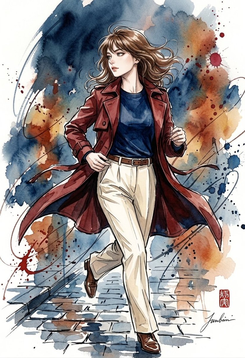 一幅惊艳的水彩与墨水插画,描绘一位时尚年轻女性。她拥有波浪状的齐肩棕色头发和轻盈的刘海,面部表情丰富而优雅,轮廓线条分明,眼神迷人。她身穿深红棕色或酒红色的风衣,内搭深藏青色圆领…