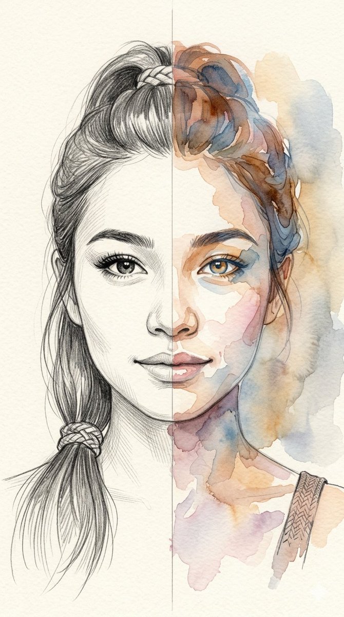 一幅垂直构图的分裂媒介肖像画，描绘了一位美丽可爱的混血年轻女性。图像完美地沿中线分割，展示两种截然不同的艺术风格。她面部的左侧以精细的铅笔素描呈现，线条细腻精…