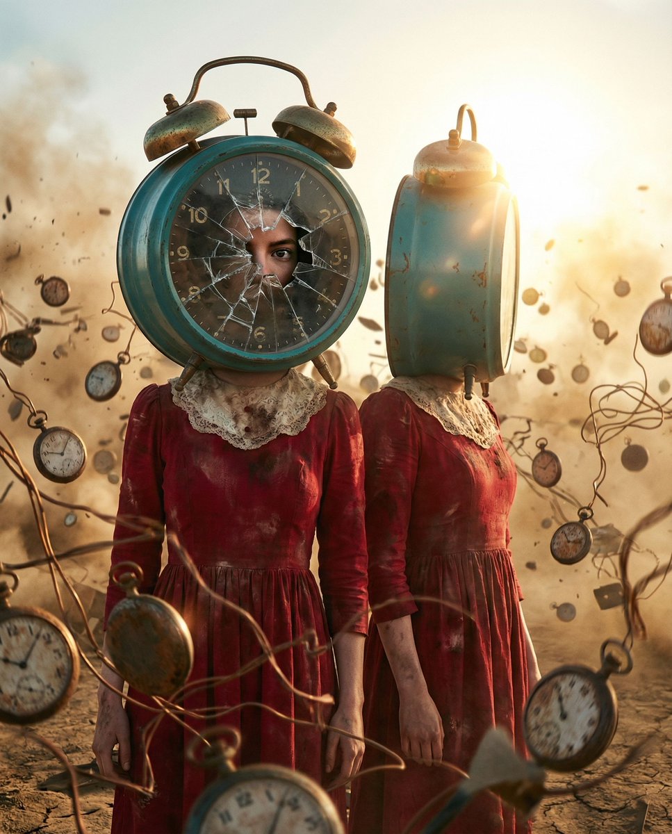 { "vibe_title_en": "Fractured Chronology", "master_prompt": "一张超写实的、中画幅的编辑级摄影作品，画面中是「主角」与…