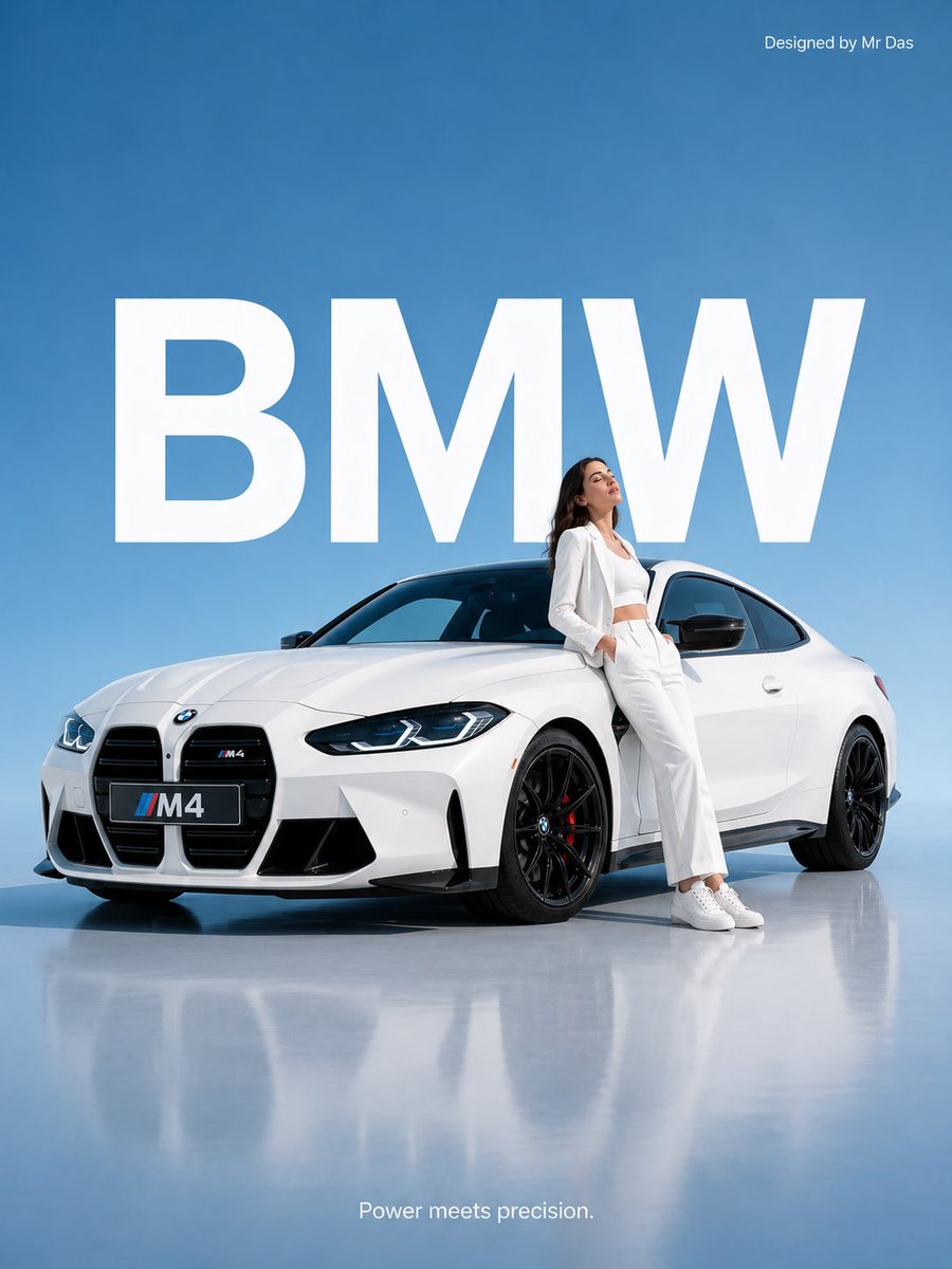 极简风格商业广告，画面中是一辆超大尺寸的白色 BMW M4 跑车，设计极致简洁。一位身穿全白套装的年轻女性随意倚靠在巨大的汽车旁，姿态放松自信，双眼紧闭。背景…