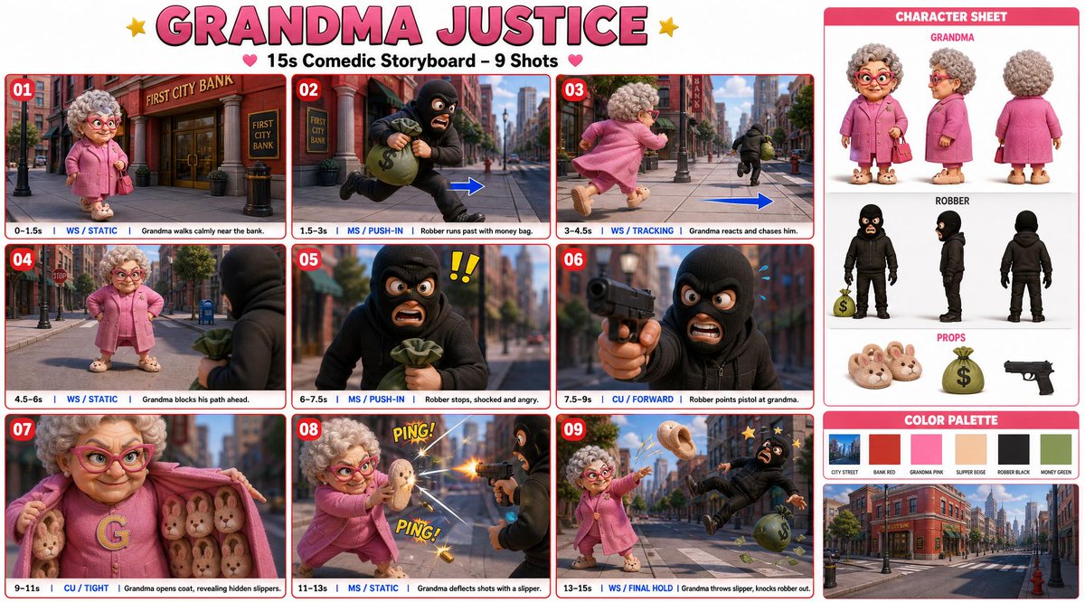 标题：“GRANDMA JUSTICE” 副标题：“15s Comedic Storyboard – 9 Shots” 风格：全彩 3D 动画分镜表，电影卡通…