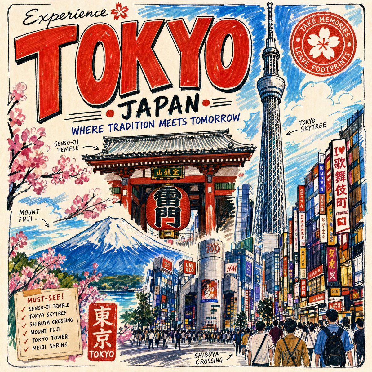[城市/地点]的旅游海报，采用充满活力的马克笔艺术风格，以粗犷的笔触、鲜艳的色彩、手绘马克笔质感、类素描的轮廓和涂色书的审美来描绘[地标1、地标2、地标3]等地标性建筑。包含动态…