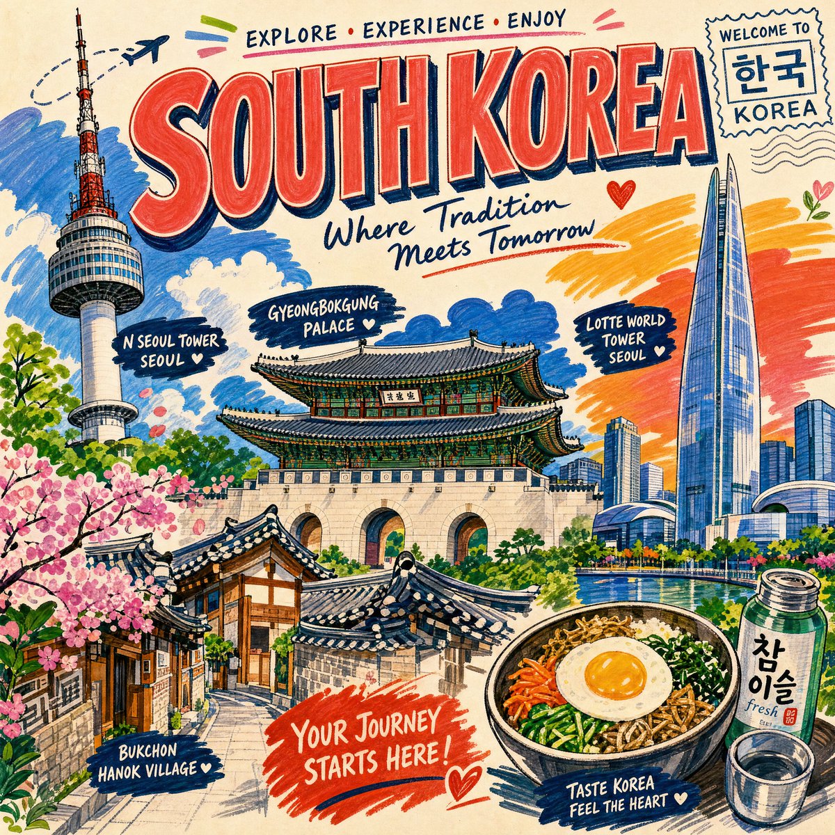 [城市/地点]的旅游海报，采用充满活力的马克笔艺术风格，以粗犷的笔触、鲜艳的色彩、手绘马克笔质感、类素描的轮廓和涂色书的审美来描绘[地标1、地标2、地标3]等地标性建筑。包含动态…