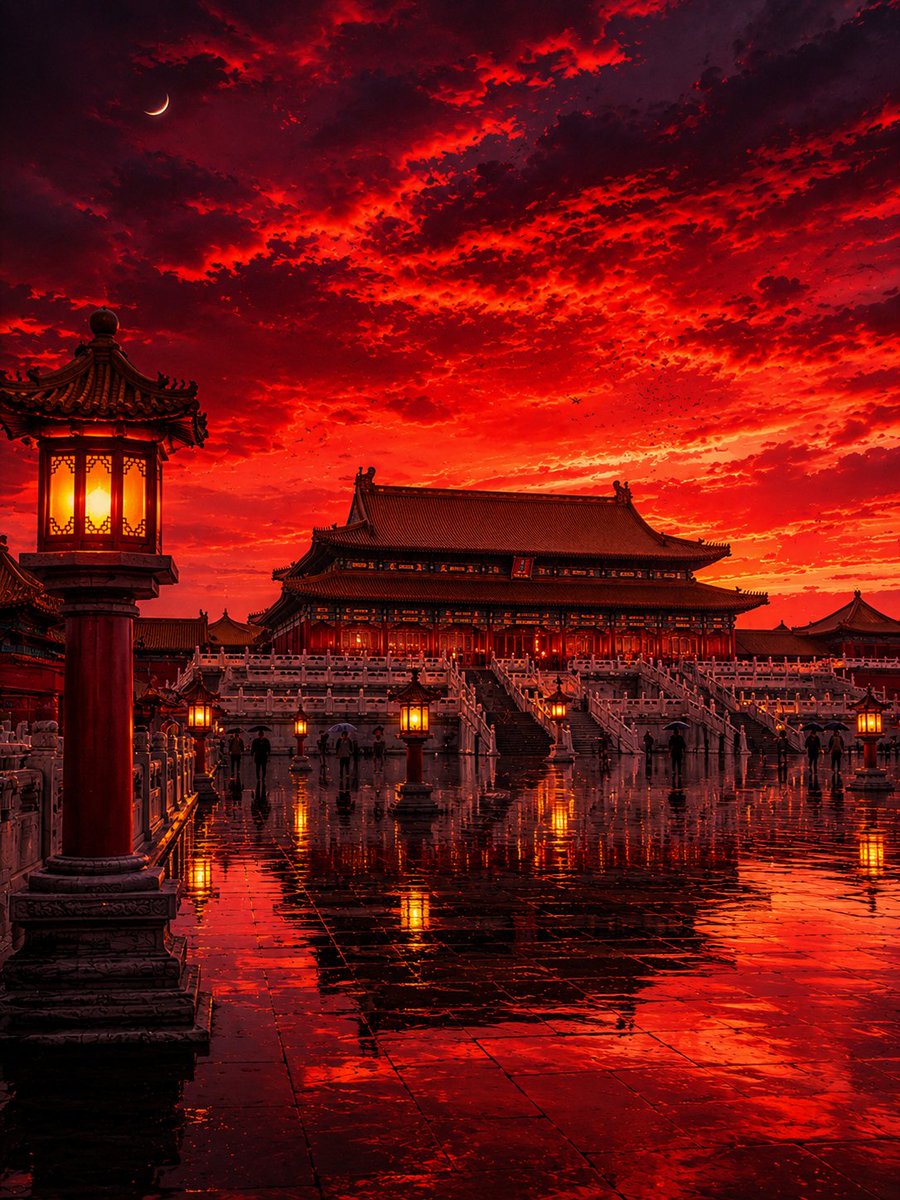 一幅令人叹为观止的电影感数字艺术作品,描绘雨后北京紫禁城在浓郁深红夕阳下的壮丽景象,展现宏伟的中国古代宫殿建筑,在戏剧性、炽热、密集而富有质感云层的笼罩下,由发光的金色灯笼照亮…