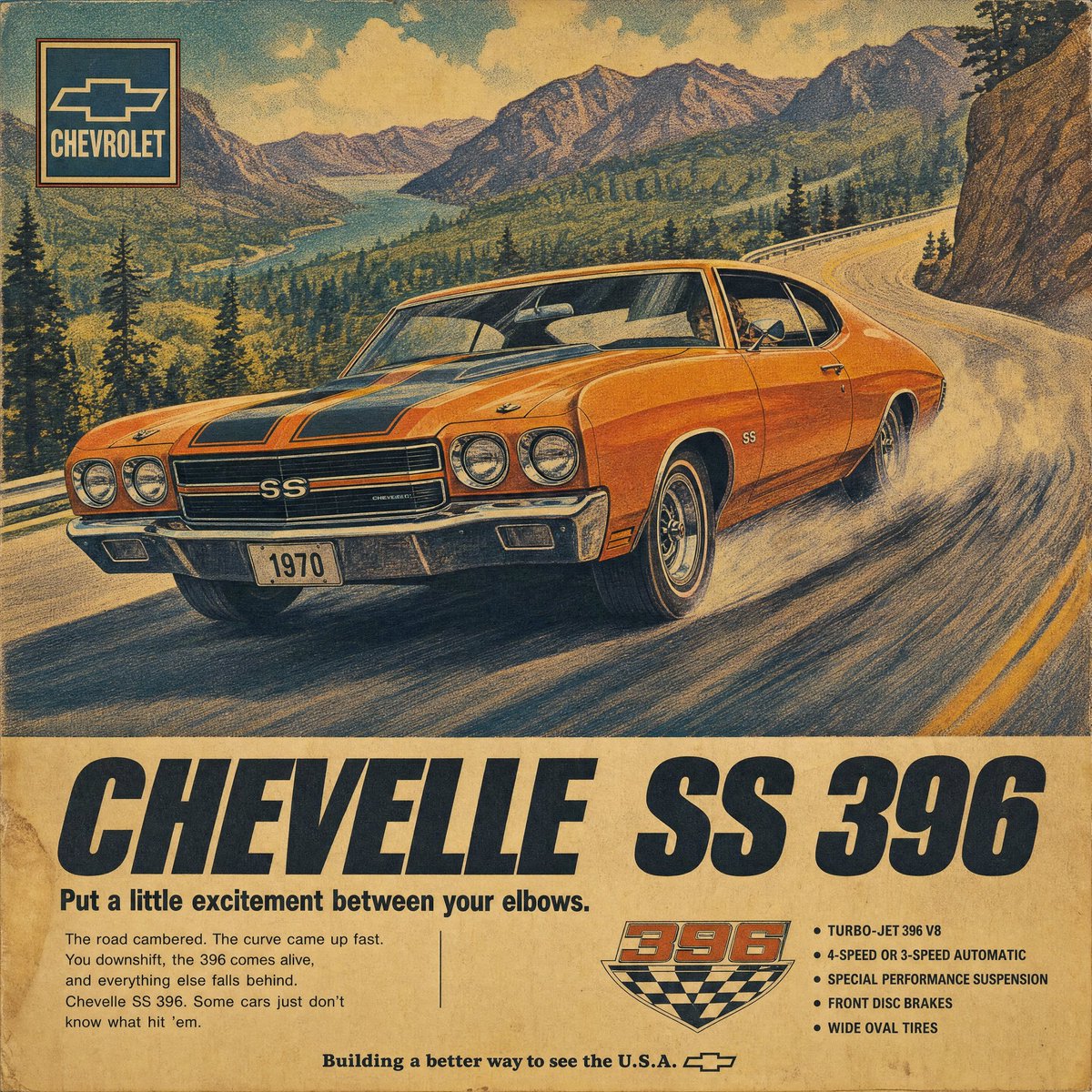复古1970年代汽车杂志广告海报，品牌为[BRAND]，画面中是一辆[COLOR]色[CAR]在[SCENERY]中漂移，低角度前部三分之二视角，戏剧性的运动条纹，手绘水粉与喷枪…