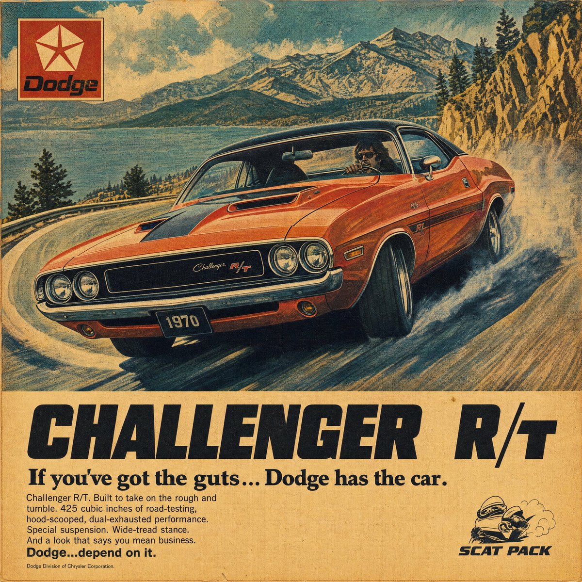 复古1970年代汽车杂志广告海报，品牌为[BRAND]，画面中是一辆[COLOR]色[CAR]在[SCENERY]中漂移，低角度前部三分之二视角，戏剧性的运动条纹，手绘水粉与喷枪…