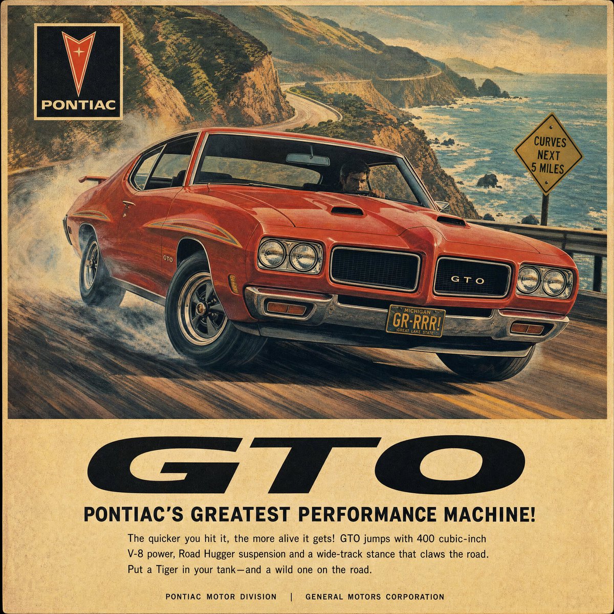 复古1970年代汽车杂志广告海报，品牌为[BRAND]，画面中是一辆[COLOR]色[CAR]在[SCENERY]中漂移，低角度前部三分之二视角，戏剧性的运动条纹，手绘水粉与喷枪…