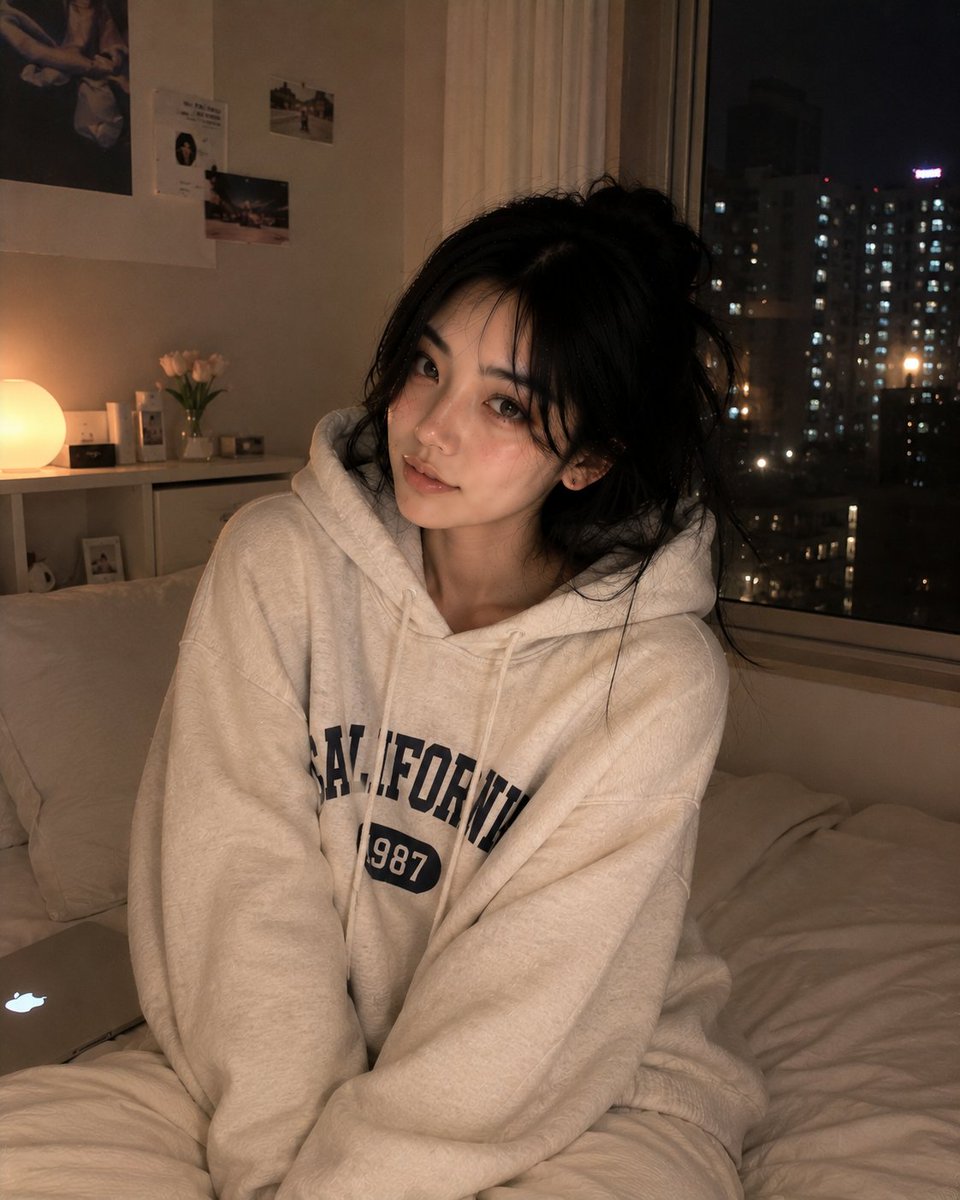 超写实风格的舒适深夜卧室人像,一位美丽的韩国女性慵懒地躺在她的床上,随意地面对镜头,神情平静而带着睡意。头发松散地扎成一个凌乱的发髻,柔软松散的发丝修饰着脸庞…