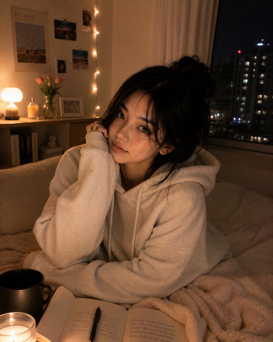 超写实风格的舒适深夜卧室人像,一位美丽的韩国女性慵懒地躺在她的床上,随意地面对镜头,神情平静而带着睡意。头发松散地扎成一个凌乱的发髻,柔软松散的发丝修饰着脸庞,眼神有光泽,淡粉妆…