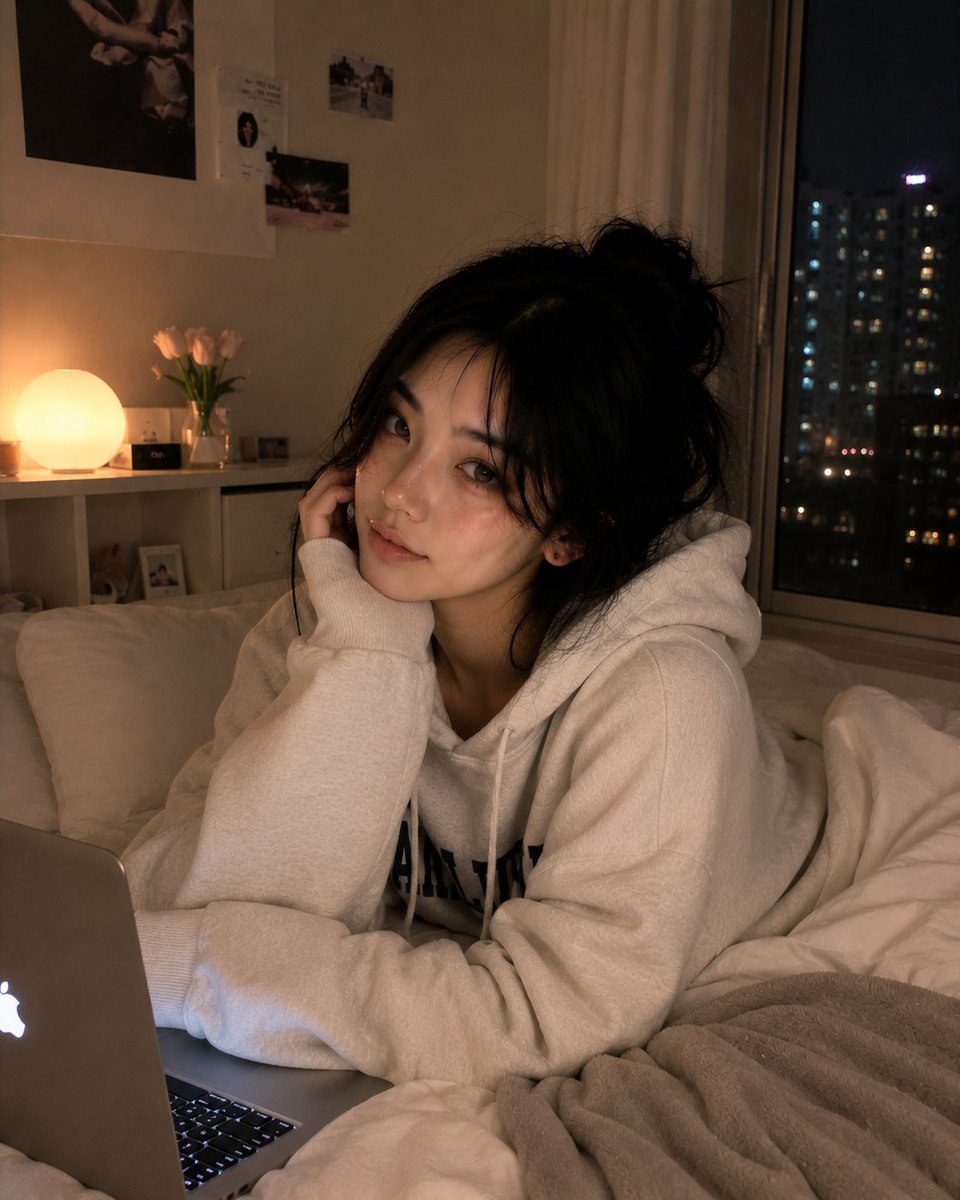 超写实风格的舒适深夜卧室人像,一位美丽的韩国女性慵懒地躺在她的床上,随意地面对镜头,神情平静而带着睡意。头发松散地扎成一个凌乱的发髻,柔软松散的发丝修饰着脸庞,眼神有光泽,淡粉妆…