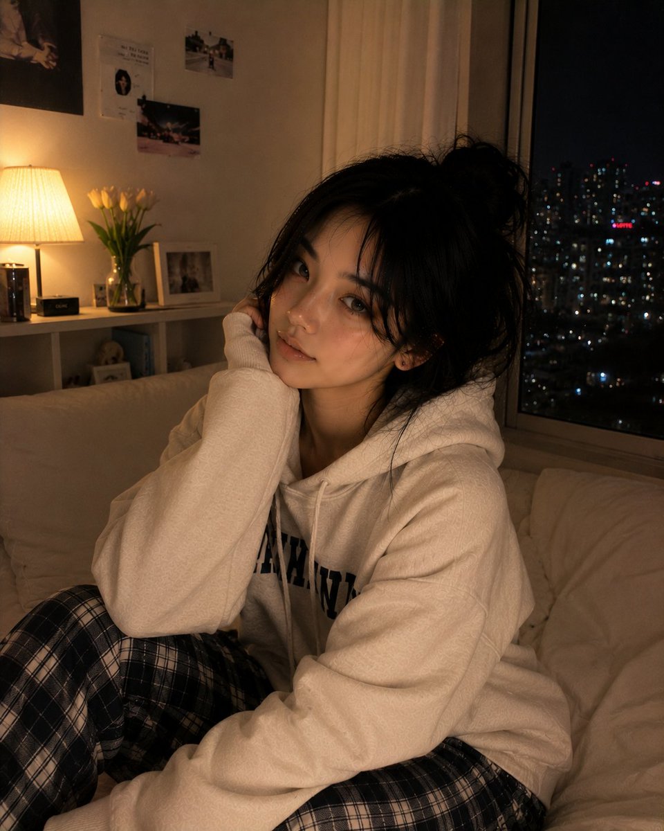 超写实风格的舒适深夜卧室人像,一位美丽的韩国女性慵懒地躺在她的床上,随意地面对镜头,神情平静而带着睡意。头发松散地扎成一个凌乱的发髻,柔软松散的发丝修饰着脸庞,眼神有光泽,淡粉妆…