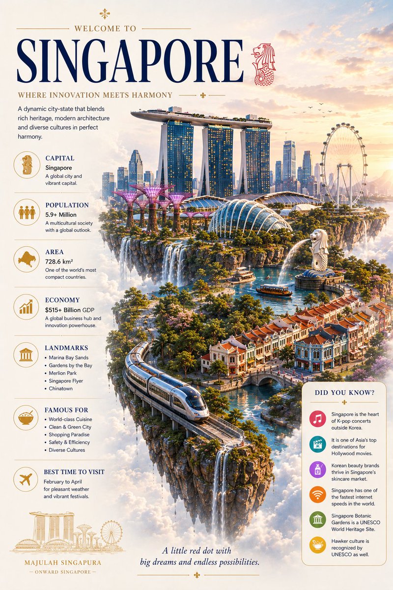 GPT Image on ChaTGPT 新加坡极简电影风格信息图表海报，优雅的悬浮岛屿漂浮在柔和的大气云层中，奢华的编辑旅行设计，明亮的象牙白与温暖的香槟米色背景，点缀着细腻的…