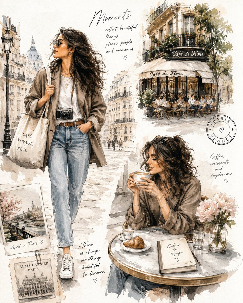 一幅优雅的水彩时装插画，描绘一位时尚的年轻女性探索风景如画的欧洲城市与温馨咖啡馆，柔和的手绘水彩质感，富有表现力的钢笔素描轮廓，长长的波浪状深色头发，时尚超大…