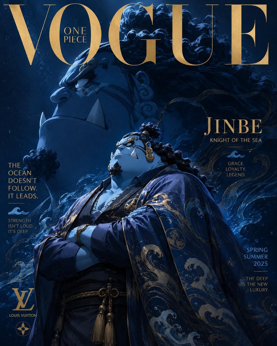 奢华动漫时尚杂志封面,灵感源自《Vogue》与高级定制时装大片,《海贼王》角色重塑为精英时尚偶像,戏剧化的电影级构图,超精细动漫插画,高端杂志排版字体,优雅衬线字体,光泽感奢华杂…