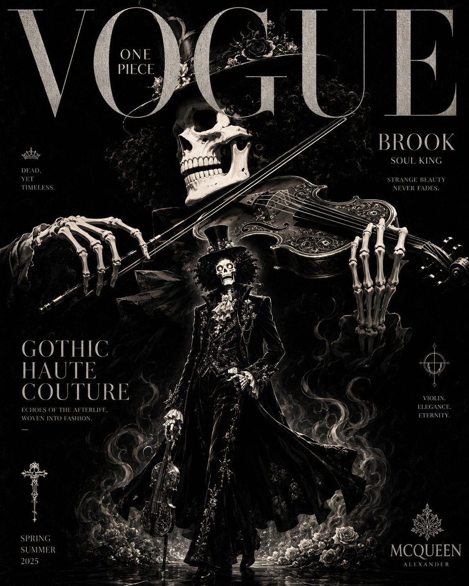 奢华动漫时尚杂志封面,灵感源自《Vogue》与高级定制时装大片,《海贼王》角色重塑为精英时尚偶像,戏剧化的电影级构图,超精细动漫插画,高端杂志排版字体,优雅衬线字体,光泽感奢华杂…