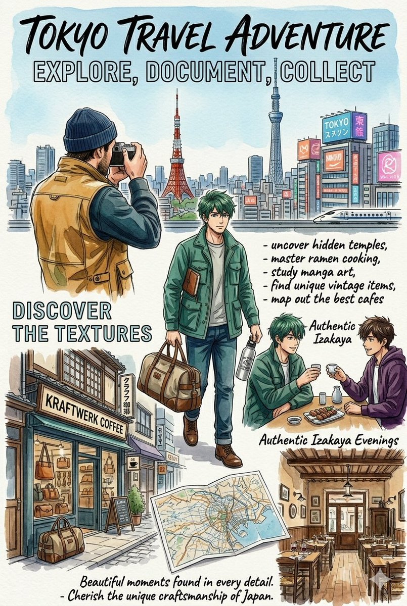 一幅艺术性的、纵向的旅行手账风格拼贴插画，画面中是一位英俊的年轻人，他有着浓密蓬松的棕色卷发和淡淡的胡茬。整幅作品以细致的水彩晕染与精细的钢笔素描技法绘制而成…