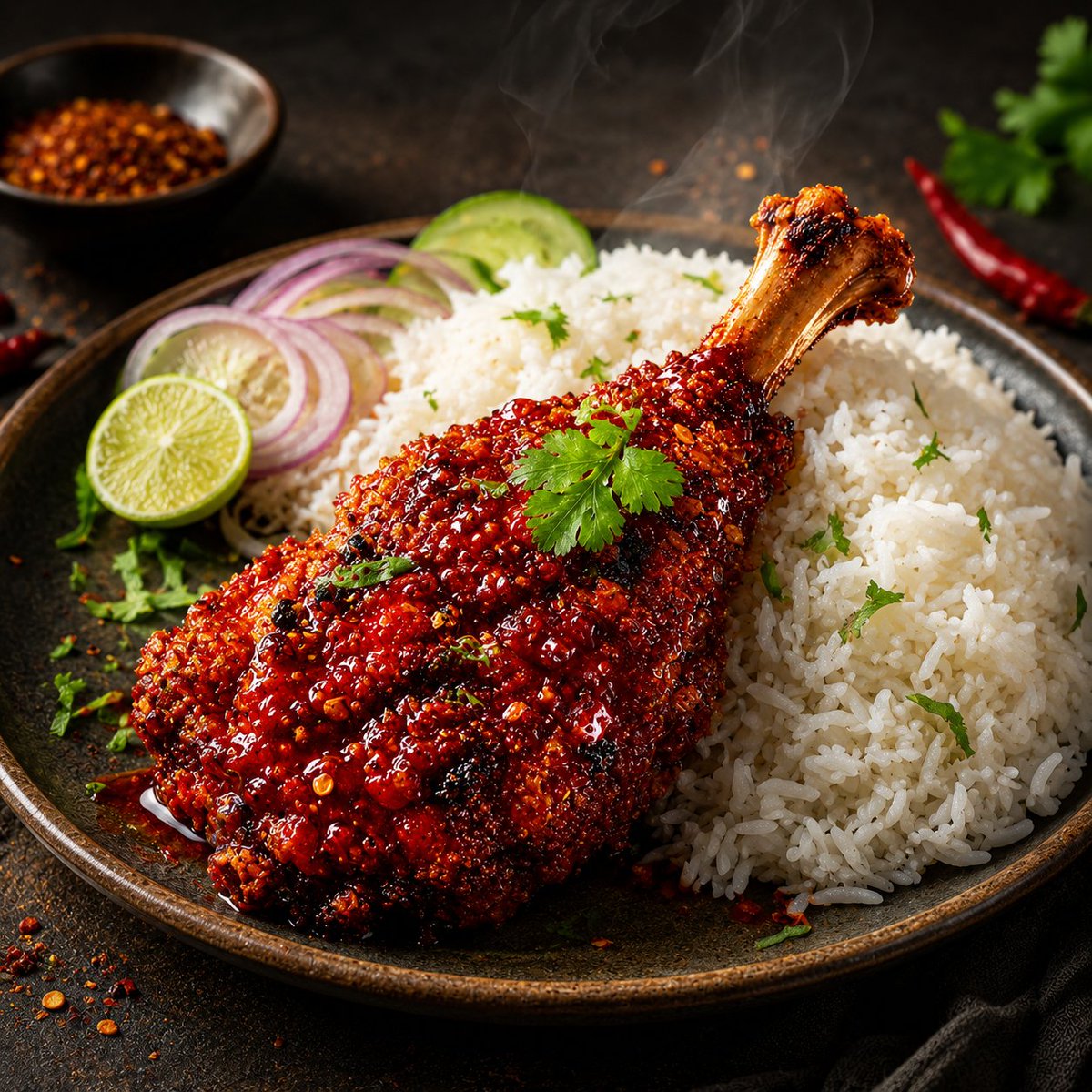 { "visual_style": "hyper-realistic cinematic food photography", "mood": "warm, spicy, ric…