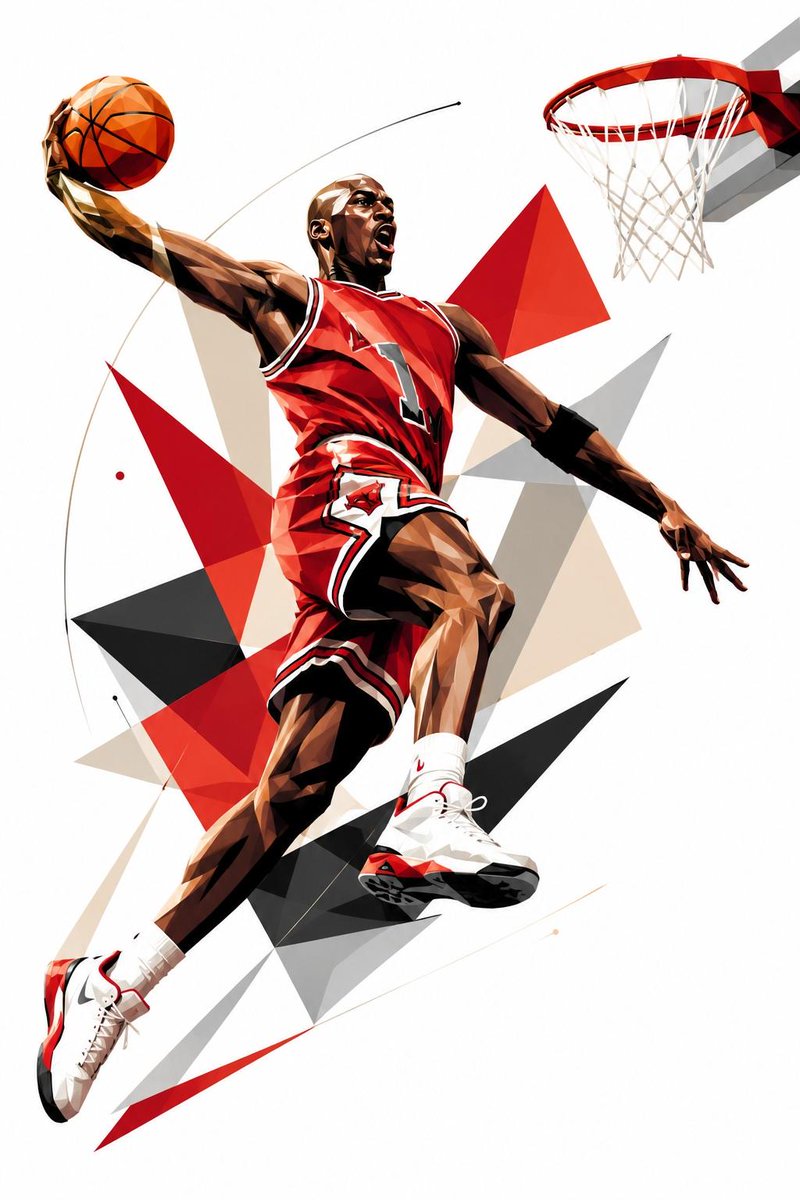 创作一幅风格化的几何立体主义体育海报,以迈克尔·乔丹(Michael Jordan)为主角,采用一个标志性的篮球姿势,灵感源自传奇的 NBA 美学与现代奢华体育艺术。使用现代抽象…