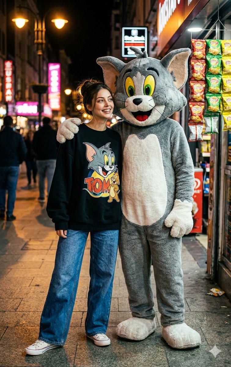 一张在夜晚温暖路灯下拍摄的全景街拍照片。 一位年轻女性留着齐肩的波浪状深棕色头发，身穿一件正面印有鲜艳卡通猫咪图案的黑色卫衣，搭配宽松的蓝色牛仔裤和白色运动鞋…