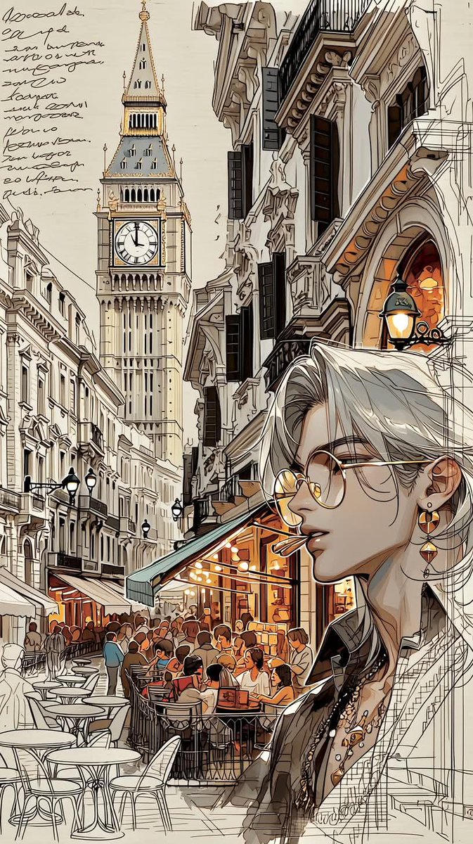 优雅的动漫旅行插画,精致的银发动漫男性,佩戴金色圆框眼镜与奢华珠宝,带有链条的精致耳饰,柔和而锐利的面部特征,平静自信的表情,伫立于受伦敦与巴黎启发的浪漫欧洲城市街道,背景为大本…