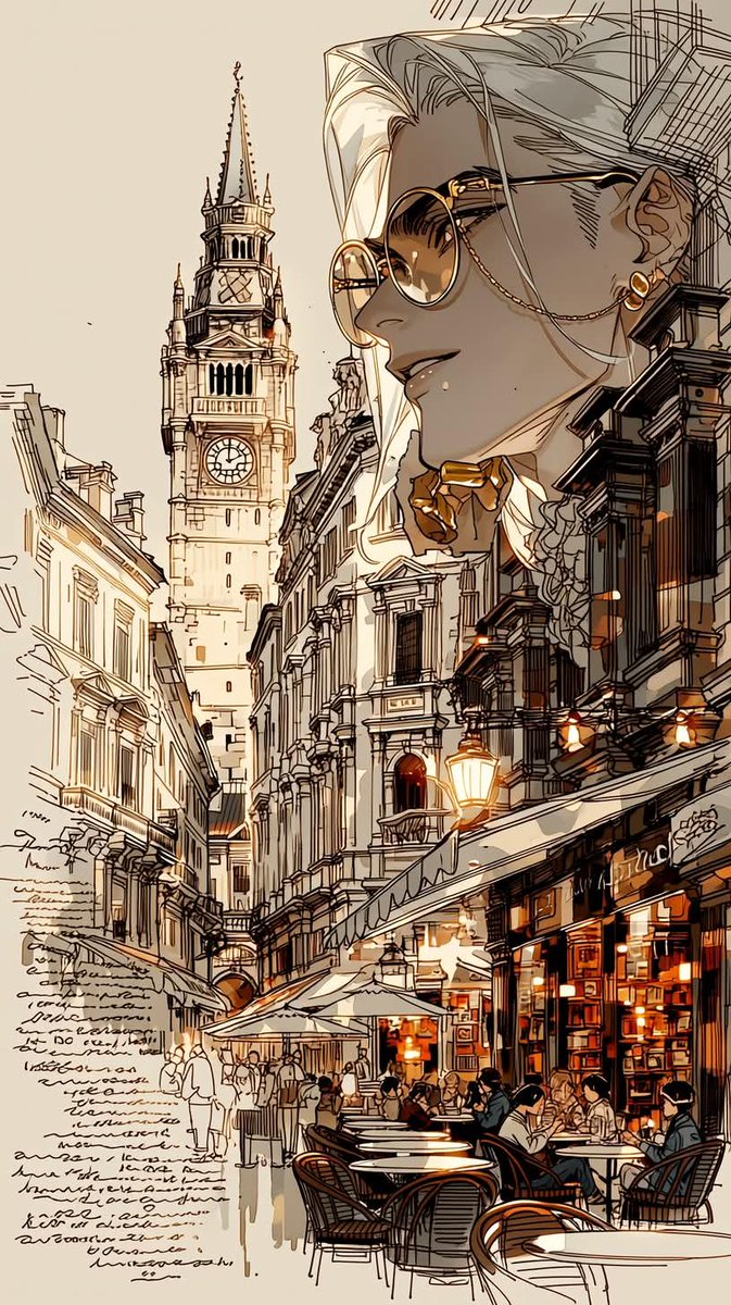 优雅的动漫旅行插画,精致的银发动漫男性,佩戴金色圆框眼镜与奢华珠宝,带有链条的精致耳饰,柔和而锐利的面部特征,平静自信的表情,伫立于受伦敦与巴黎启发的浪漫欧洲城市街道,背景为大本…