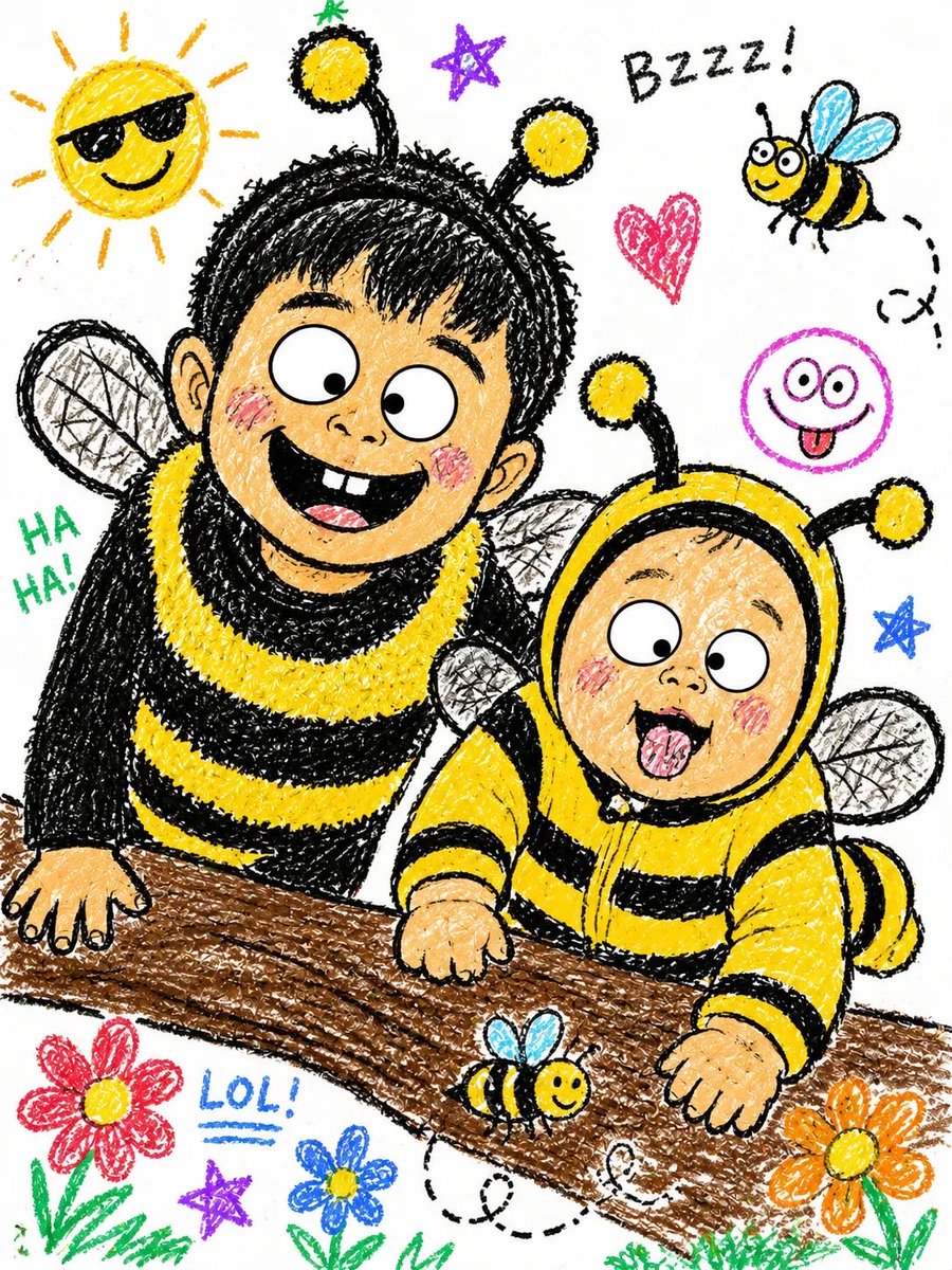 蜡笔画风格的人像插画:两个孩子穿着大黄蜂服装,靠在一道木栏上大笑。年纪稍大的孩子深色头发,戴着蜜蜂触角,背着黑白黄条纹翅膀;年幼的幼儿穿着完整的蜜蜂连体帽衫套装。周围的涂鸦包括…