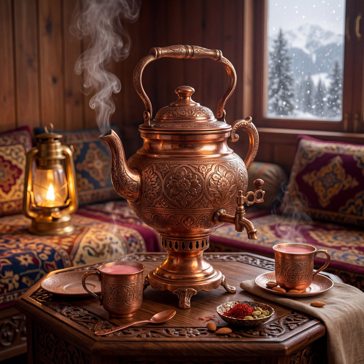 超精细奢华产品摄影，典雅的克什米尔传统samawar（萨马瓦尔茶炊），手工雕刻的铜质壶身带有精致的花卉雕刻，丰富温暖的金属反光，正宗的克什米尔传统美学，置于雕花胡桃木桌上，周围环…
