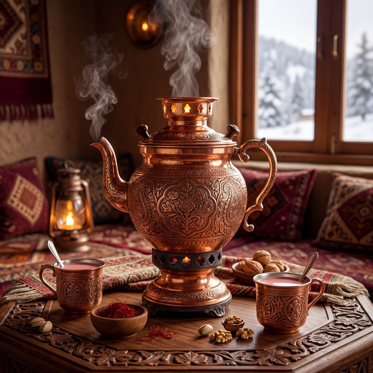 超精细奢华产品摄影，典雅的克什米尔传统samawar（萨马瓦尔茶炊），手工雕刻的铜质壶身带有精致的花卉雕刻，丰富温暖的金属反光，正宗的克什米尔传统美学，置于雕花胡桃木桌上，周围环…