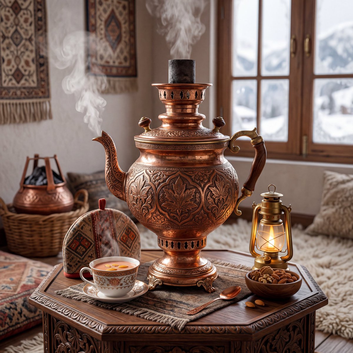 超精细奢华产品摄影，典雅的克什米尔传统samawar（萨马瓦尔茶炊），手工雕刻的铜质壶身带有精致的花卉雕刻，丰富温暖的金属反光，正宗的克什米尔传统美学，置于雕花胡桃木桌上，周围环…