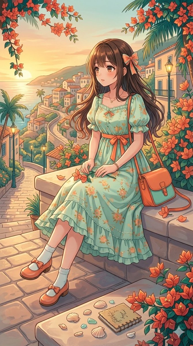 一幅美丽的动漫风格插画,描绘一位年轻女子,留着棕色长发,身穿淡绿色花卉图案的太阳裙,配以橙色装饰和同款发带。她正在日落时分探索风景如画的地中海海滨村庄。画面捕捉到她沿着鹅卵石街道…