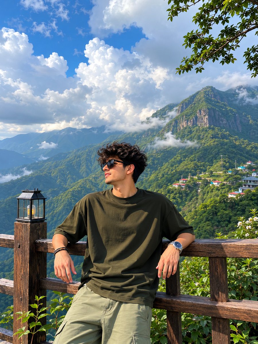 电影感十足的旅行摄影人像：一位年轻女性站在木制山间观景台上，俯瞰苍翠欲滴的翡翠色山谷与壮丽的尖峰山脉，天空令人叹为观止。画面在黄金时段拍摄，强烈的阳光穿透大团蓬松云层，在整个景观…