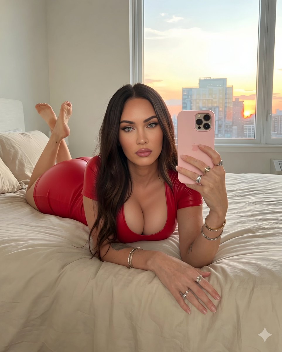 { "visual_details": { "subject": "来自 image_0.png 的年轻金发女子,以完全相同的姿势趴在那张米色床上,手持粉色 iPhone 进行镜…