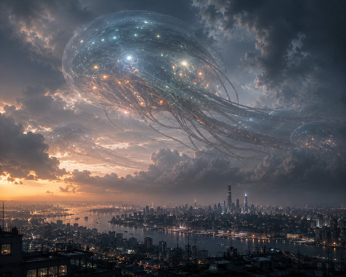 庞大的半透明宇宙巨兽在黄昏时分静静漂浮在广阔现代城市上空,大气云层密布的天空,巨大的水母般天体生物,内部神经光网发着光,飘动着丝状结构,柔和的电影光影,存在主…