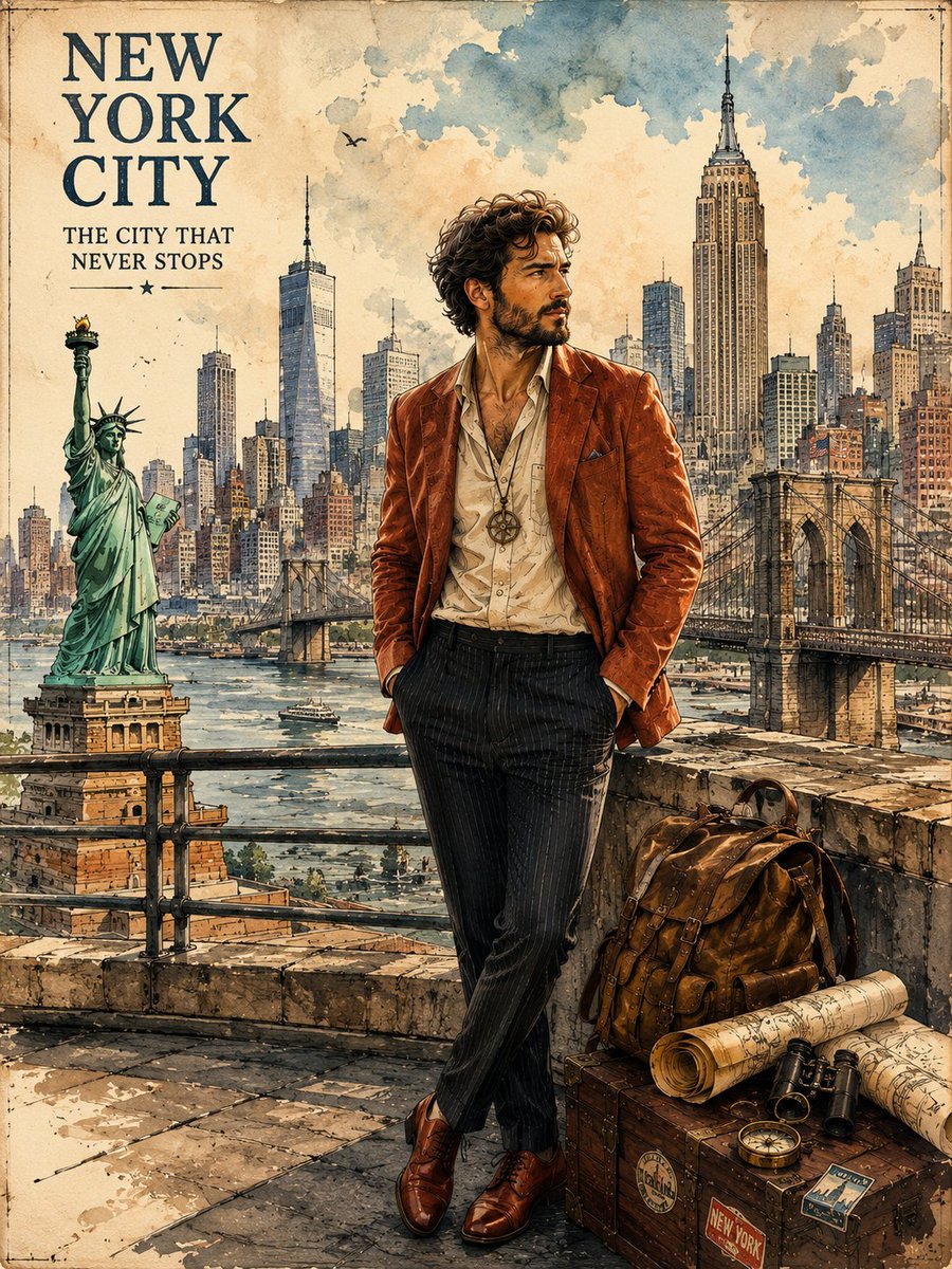 一幅精美的复古水彩纽约市（New York City, USA）旅行海报插画，采用优雅的手工钢笔水彩漫画风格绘制，具有电影般的景深与丰富的质感笔触。画面中一位英俊时髦的旅行者自信…