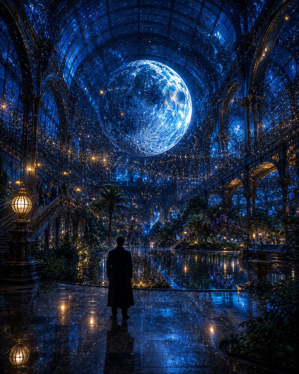 巨大的天体温室，深午夜蓝色光芒照亮，广阔的玻璃与铁结构温室建筑，内部满是郁郁葱葱的植物园与波光粼粼的池塘，巨大发光的月状球体悬吊在教堂规模的玻璃穹顶之下，无数…