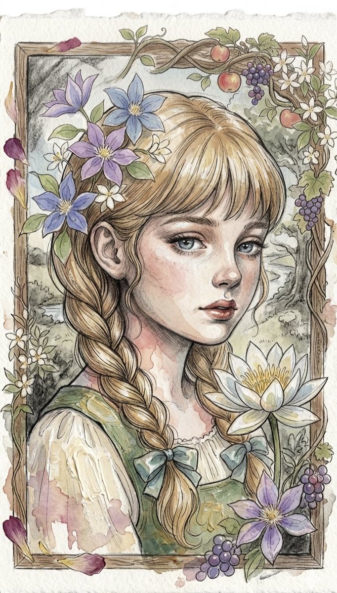 一幅优美的水彩水墨插画，描绘了一个年轻女孩：她有着清澈的蓝眼睛、柔和红润的脸颊，浅棕色或金色头发编成两条长辫子，用蓝色小蝴蝶结系着。她的头发里编织着精致的紫色…