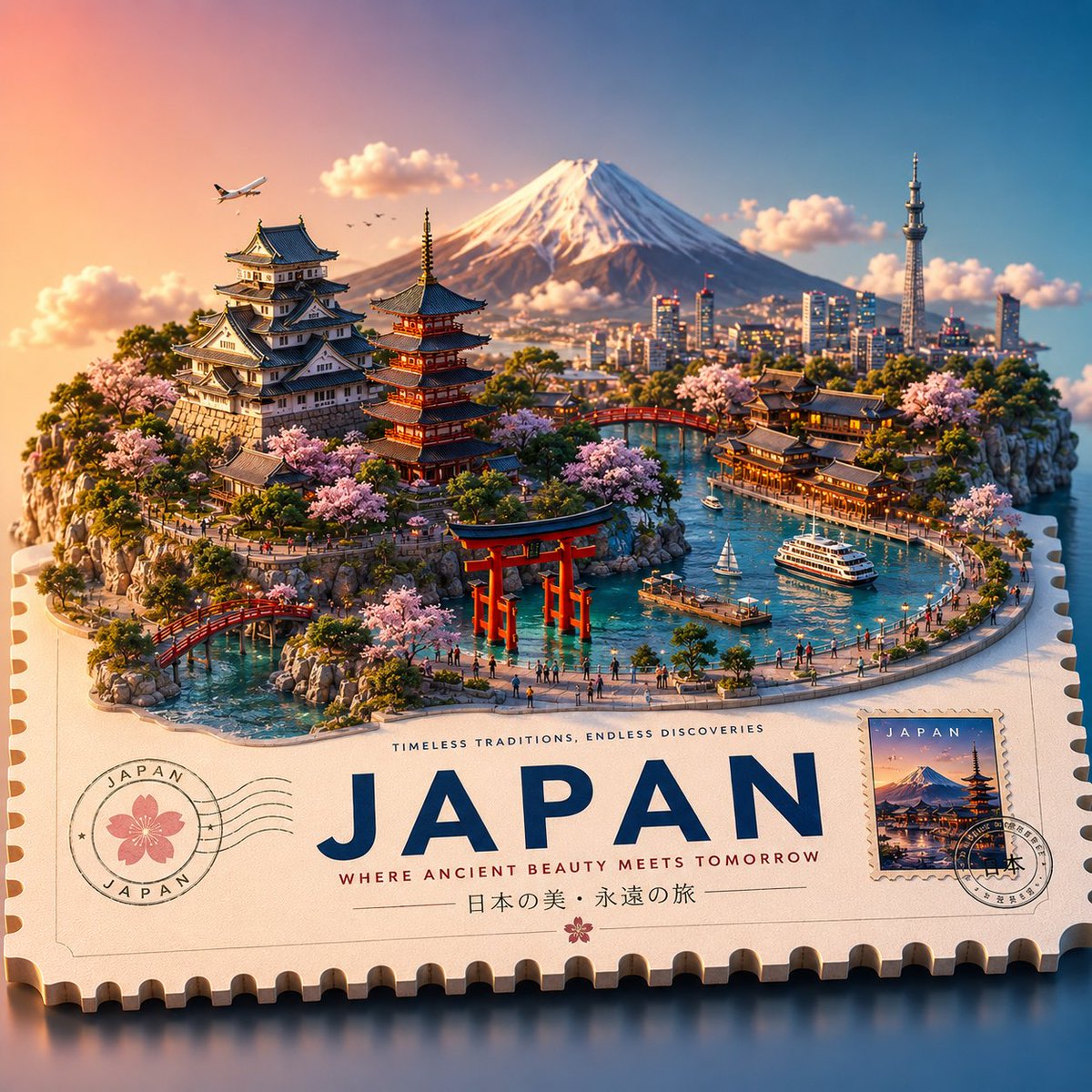创建一个高端风格化的3D等距旅游海报，以[地点名称]为设计主题，呈现为一个漂浮的迷你世界，放置在一个带有齿孔边缘的大型票券、明信片或邮票平台之上。 自动包含与该地点相关的最具标志…