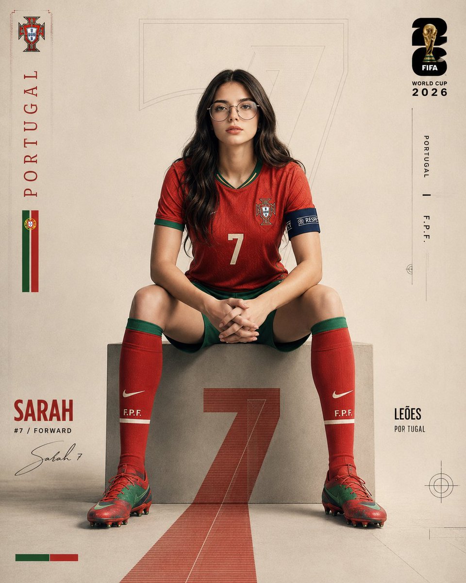 设计一张超写实的 FIFA 2026 足球海报，灵感来自高端体育编辑摄影和极简风格的世界杯品牌视觉。 在一个干净的摄影棚风格环境中，创建一个居中构图的足球运动员，自信地坐在一个几…